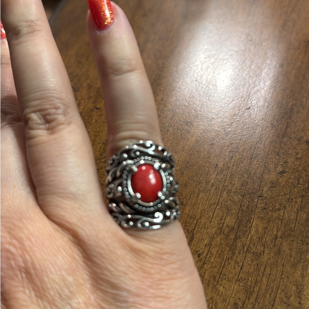 Carolyn Pollack Sterling Silver Ring with Red Coral Stone, size 6.